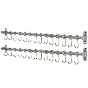 WEBI Kitchen Sliding Hooks, Solid Stainless Steel Hanging Rack Rail with 14 Utensil Removable S Hooks for Towel, Pot Pan, Spoon, Loofah, Bathrobe, Wall Mounted,2 Packs