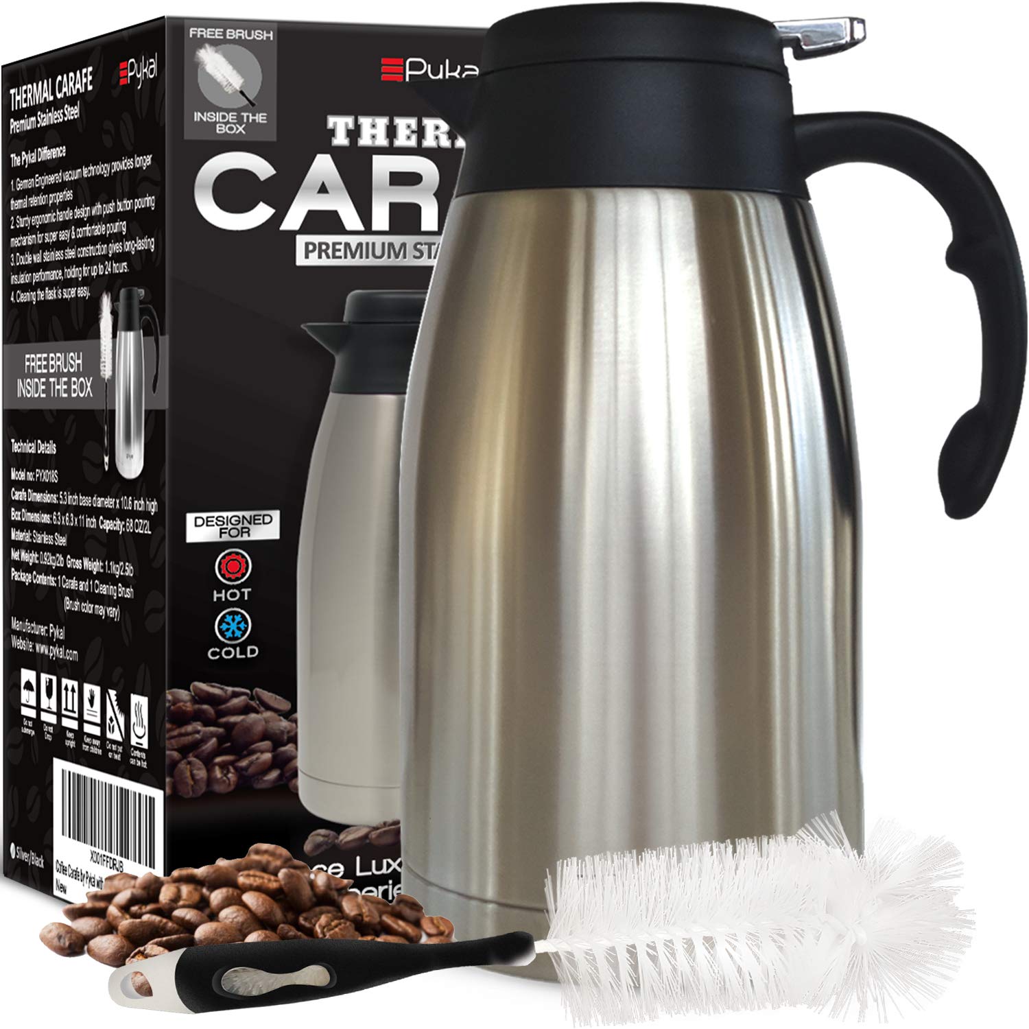 Thermal Coffee Carafe Stainless Steel - Heavy Duty, 24hr Lab Tested Heat Retention, 2 Liter 68oz Insulated Coffee Thermos, Water & Beverage Dispenser, Premium Grade Thermal Pot by Pykal