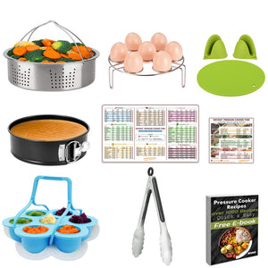 Pressure Cooker Accessories Set 10 Pcs- Fit 5,6,8 Quart (Qt) Instant Pot - Steamer Basket,Non-stick Spring Form Pan,Egg Bites Molds With Handles,Egg Steamer Rack,Tongs, Magnetic Sheet, Recipes E-Book