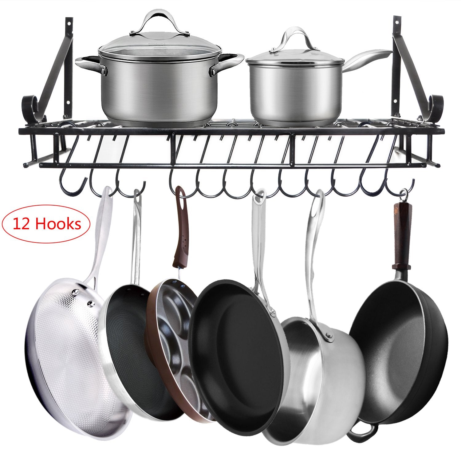 Wall Pot Rack Wall Pan Hanger Kitchen Pan Organizer 24 inch with 12 Hooks, Black