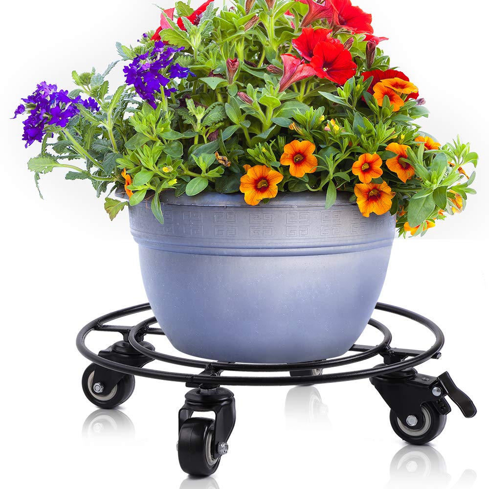 Amagabeli 14" Metal Plant Caddy Heavy Duty Iron Potted Plant Stand With Wheels Round Flower Pot Rack on Rollers Dolly Holder on Wheels Indoor Outdoor Planter Trolley Casters Rolling Tray Coaster