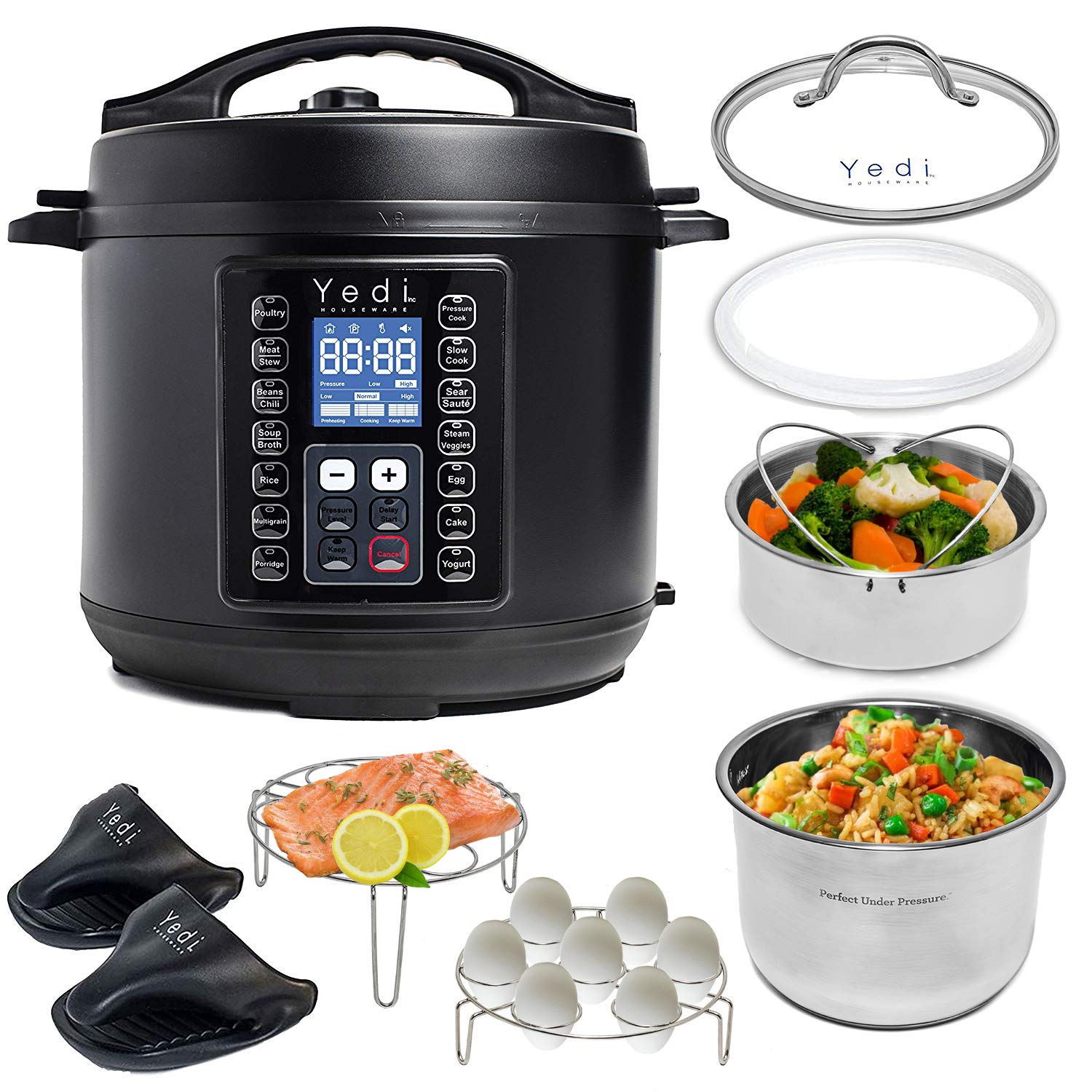 Yedi 9-in-1 Total Package Instant Programmable Pressure Cooker, Slow Cooker, Rice Cooker, Yogurt, Sauté, Steamer. Deluxe Accessory Kit, Recipe Book, Cheat Sheets, 2-Year Warranty, 6 Quart, Black.