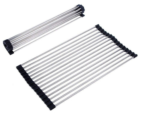 Multipurpose Roll-Up Dish Drying Rack Foldable Premium 304 Stainless Steel Over the Sink Dish Drainer Rack Roll Up Dish Rack for Kitchen 19.8"L x 13.5"W x 0.25"H (Black Large) Clearance Sale