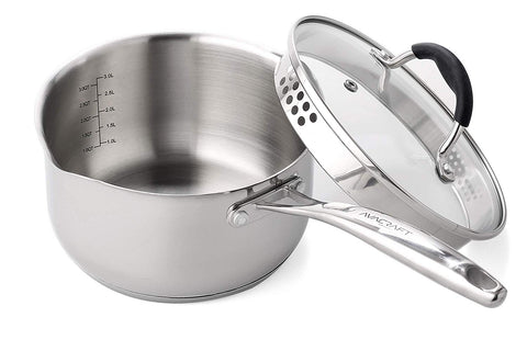 AVACRAFT Stainless Steel Saucepan with Glass Lid, Strainer Lid, Two Side Spouts for Easy Pour with Ergonomic Handle, Multipurpose Sauce Pan with Lid, Sauce Pot (Tri-Ply Capsule Bottom, 3.5 QT)