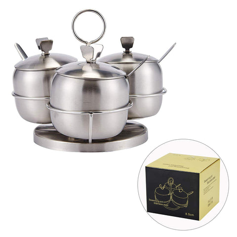 Stainless Steel Condiment Seasoning Container Pots Set with Spice Rack Large Capacity Silver Tone