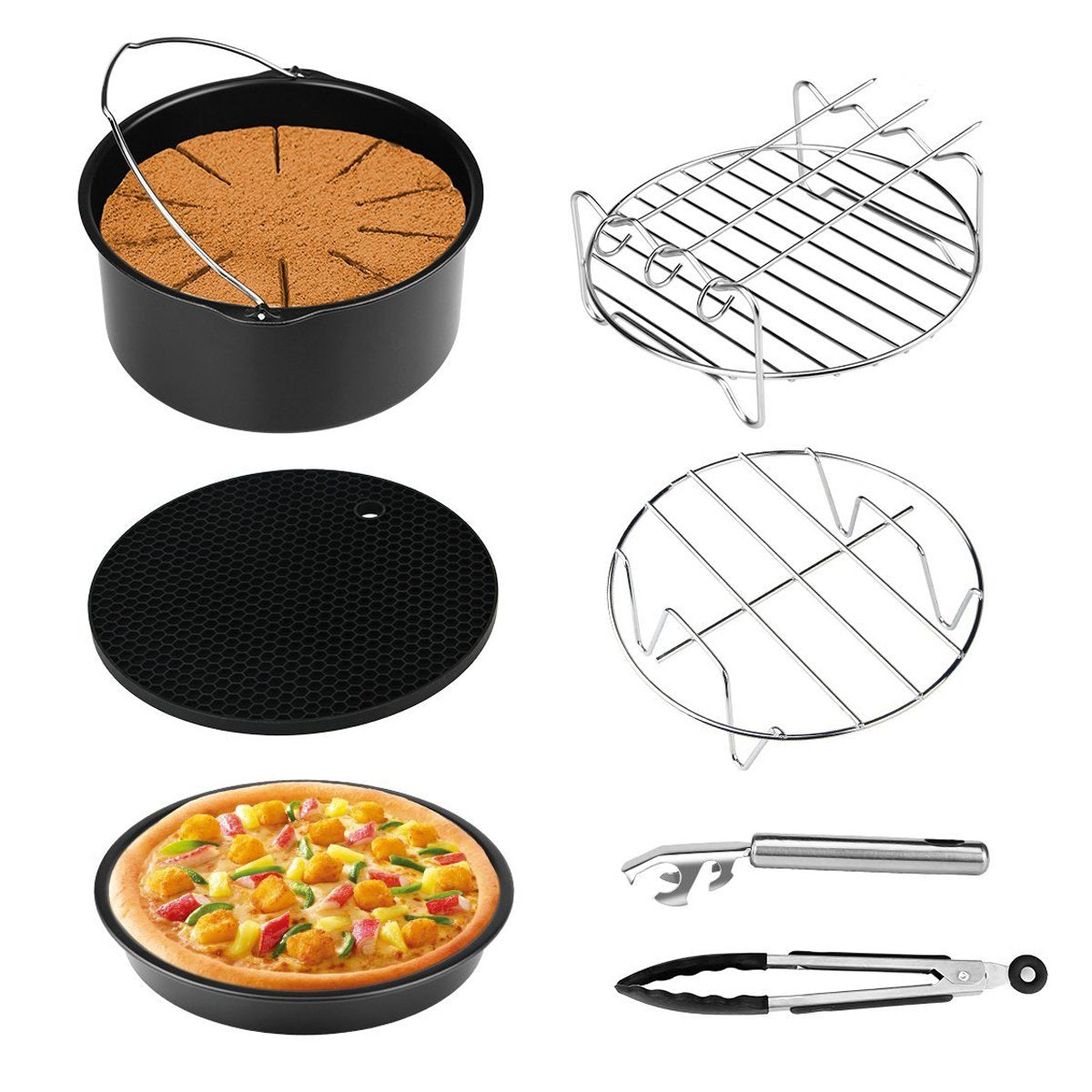 Air Fryer Accessories for Gowise Phillips and Cozyna, 7 Pcs with Cake Barrel/Pizza Pan/Silicone Mat/Metal Holder/Skewer Rack/Kitchen Tong/Bowl Clip, Fit all 3.7QT-5.3QT-5.8QT