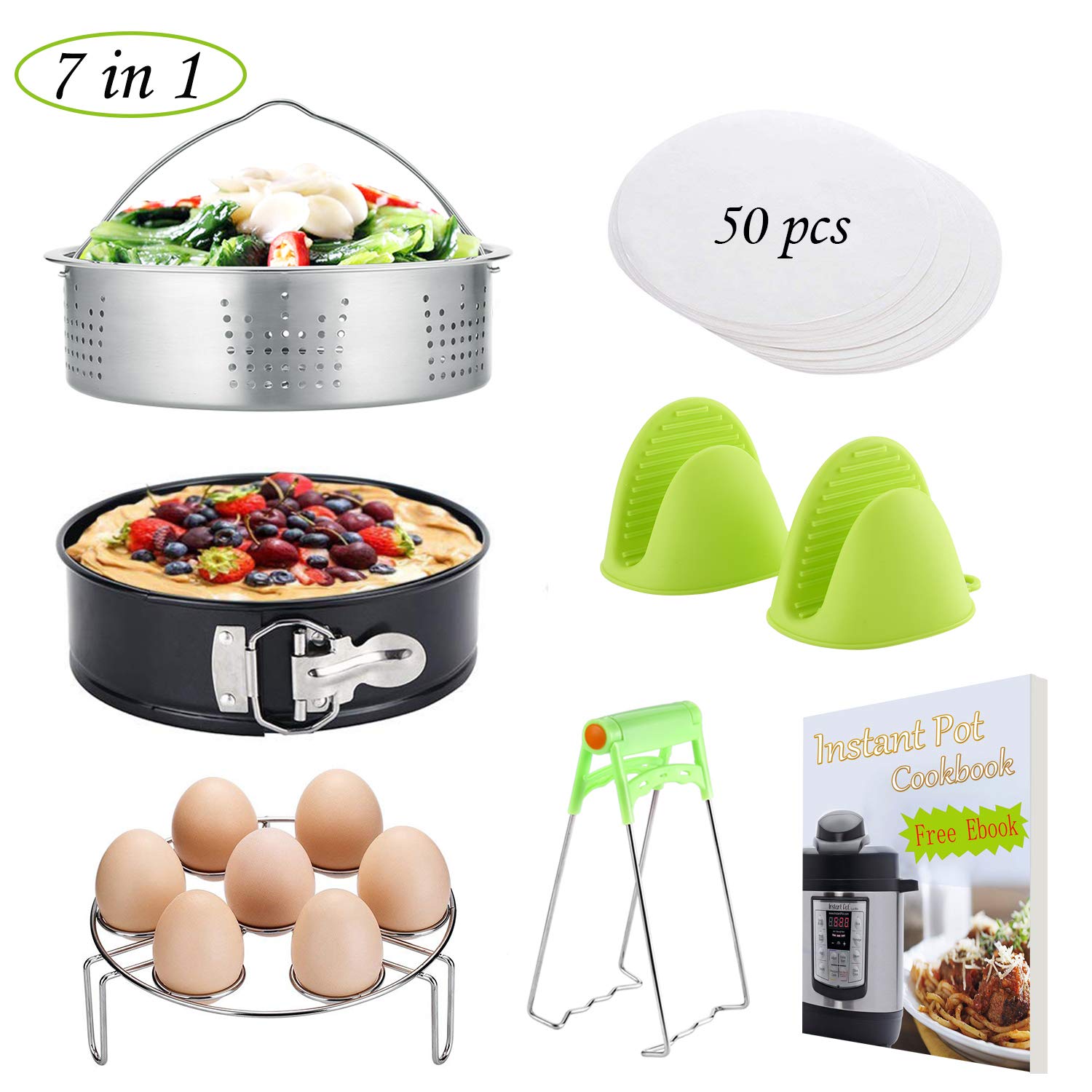 Instant Pot Accessories Instapot Accessory Fits Instant Pot 5,6,8 Qt, with Steamer basket, None-stick Springform Pan, Egg Bites Mold, Egg Steamer Rack(with Handles), Dish Clip, Kitchen Tongs(AP-01)