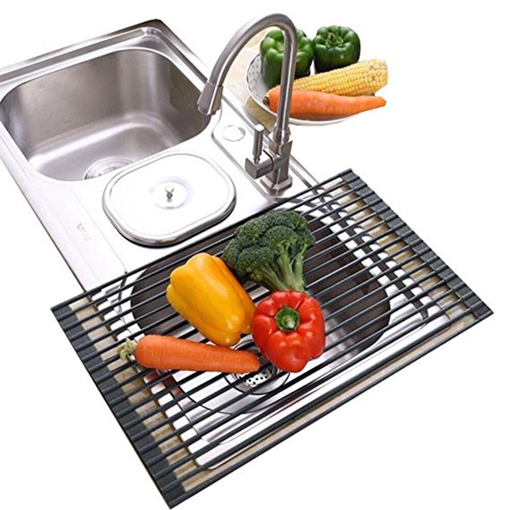 Ahyuan Large Roll up Dish Drying Rack Foldable Dish Rack over Sink Dish Drainer Roll-up Sink Drying Rack Full Silicone Coated Stainless Still Dish Drying Rack (20.5'' x 13.13'' Coral Grey)