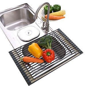 Ahyuan Large Roll up Dish Drying Rack Foldable Dish Rack over Sink Dish Drainer Roll-up Sink Drying Rack Full Silicone Coated Stainless Still Dish Drying Rack (20.5'' x 13.13'' Coral Grey)