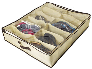 VONOTO 12 Pairs Under Bed Shoe Organizer for Kids and Adults, Underbed Shoes Closet Storage Solution - Made of Breathable Materials with Front Zippered Closure – Easy to Assemble
