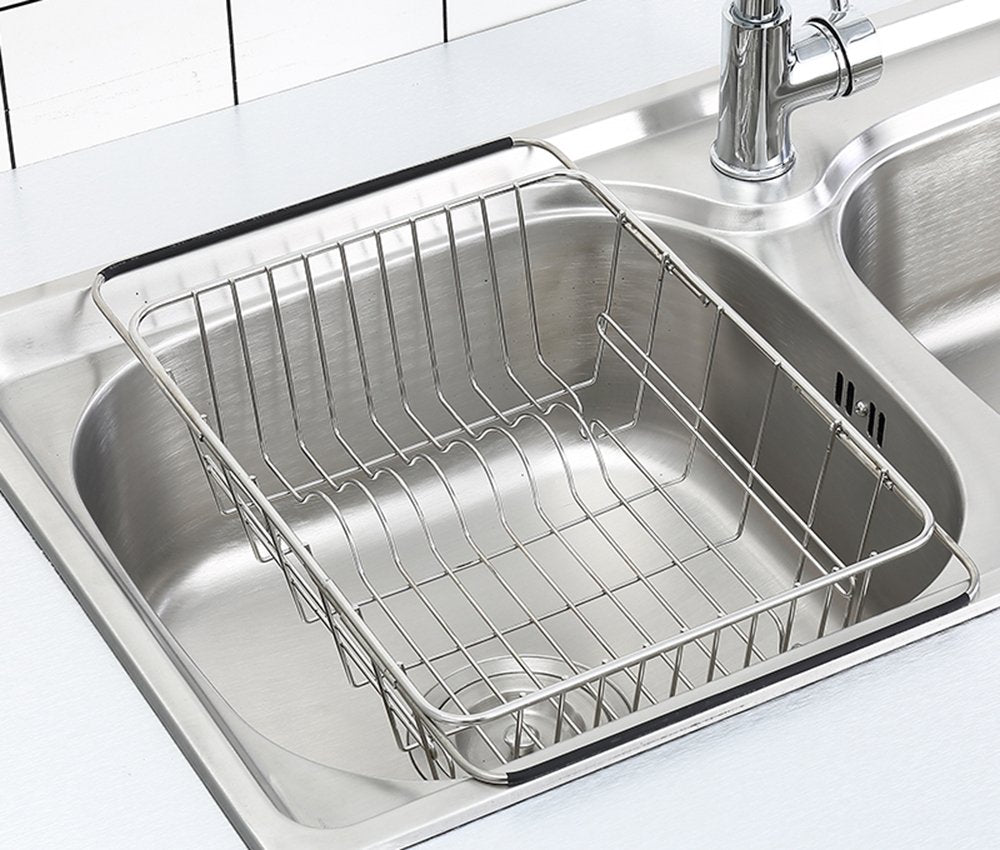 Adjustable Dish Drying Rack Over Sink, SZUAH 18/8 Stainless Steel Dish Drainer, Large & Deep Dish Rack for Counter top & Sink, 13"L x 9.8" W x 4.7"H(unextended size)