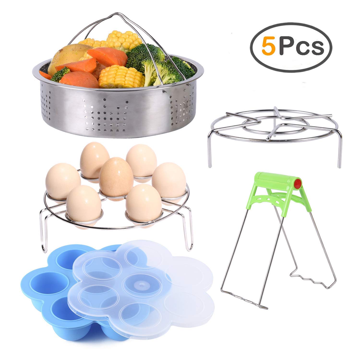 5 Piece Pressure Cooker Accessories, ZOUTOG Steamer Cookware Set Compatible with Instant Pot Accessories - Steamer Basket / Egg Steamer Rack / Steam Rack / Egg Bites Molds / Dish Clip - Fits 5, 6 and 8 Qt Pressure Cooker