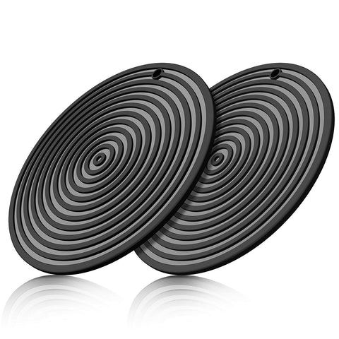 ME.FAN 11’’ Large Silicone Ripple Trivet Mat, Potholder, Hot Pad, Spoon Rest, Jar Opener & Coaster, Heat Resistant up to 480F, Flexible, Durable & Non Slip (Black, Set of 2)