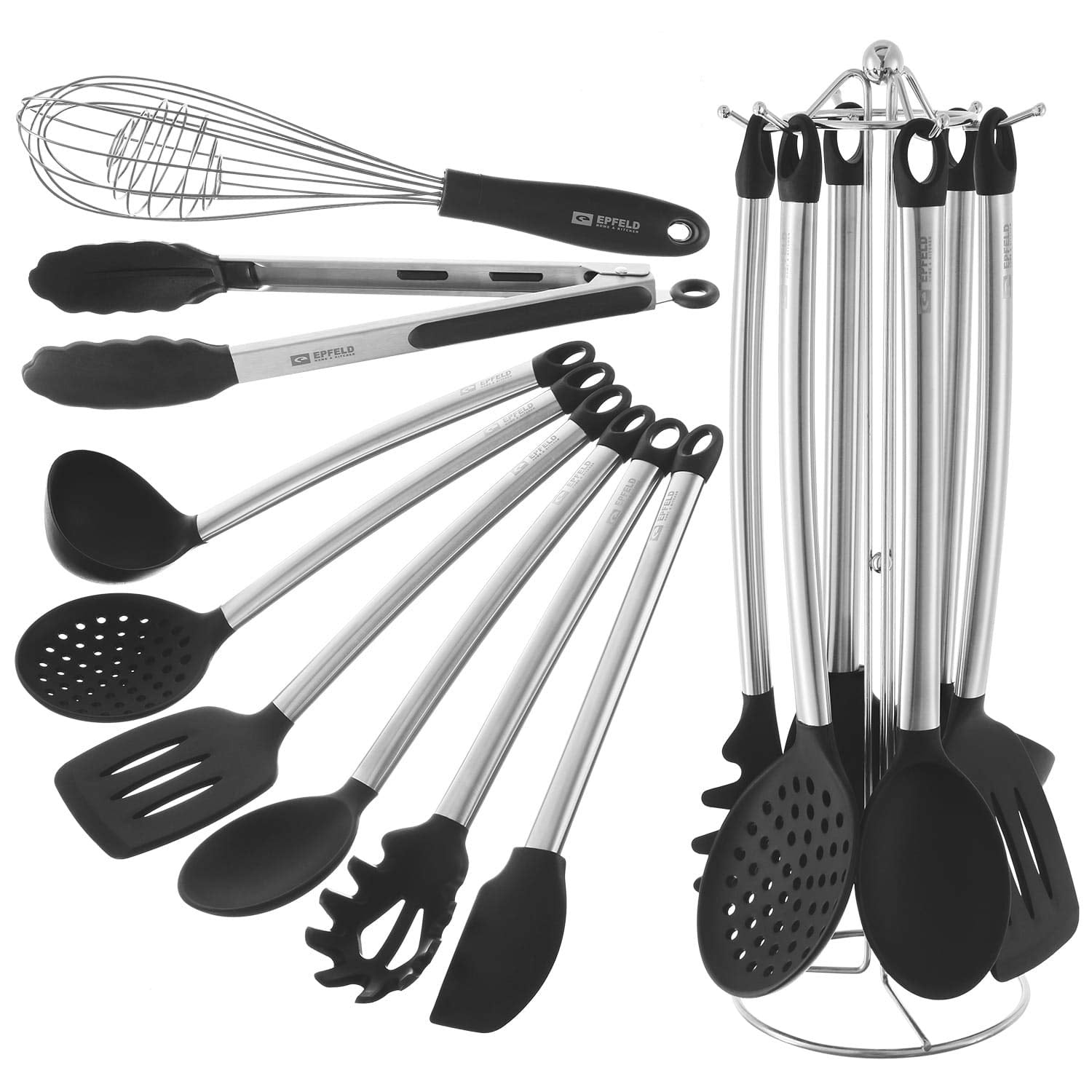 Kitchen Utensil Set With Holder - 8 Piece Silicone, Non-Stick, Cooking Utensils Set With Stainless Steel Stand - Serving Tongs, Spoon, Spatula Tools, Pasta Server, Ladle, Strainer, Whisk, Holder