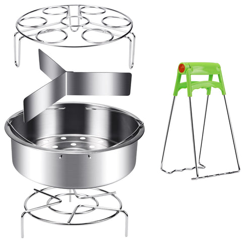 Steamer Basket for Instant Pot 6, 8qt Pressure Cooker, HULISEN 18/8 Stainless Steel Steamer Insert Set with Egg Steamer Rack, Trivet Stand and Tong Plate Gripper