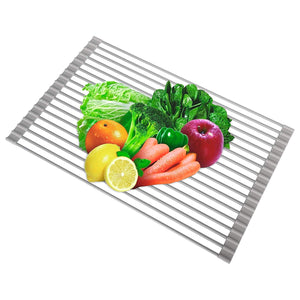 Over-the-Sink Dish Drying Rack,20.5''13'' WEBI Roll-up Flat Wire Dish Drainer, Kitchen Utensil Draining Rack Strainer, for Fruit Meat Cup Bowl Plate Pot Pan, (Silicone & Stainless Steel, Grey)