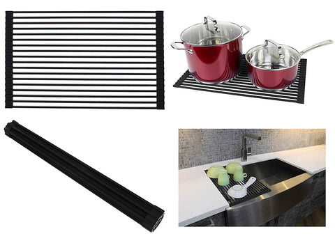 Ariel Over the Sink / Countertop Multipurpose Roll-Up Dish Drying Rack (Black) - Silicone Coated Stainless Steel - Flat Stripe Design - Dishwasher Safe, Heat Resistant, Trivet, Colander, Food Defrost