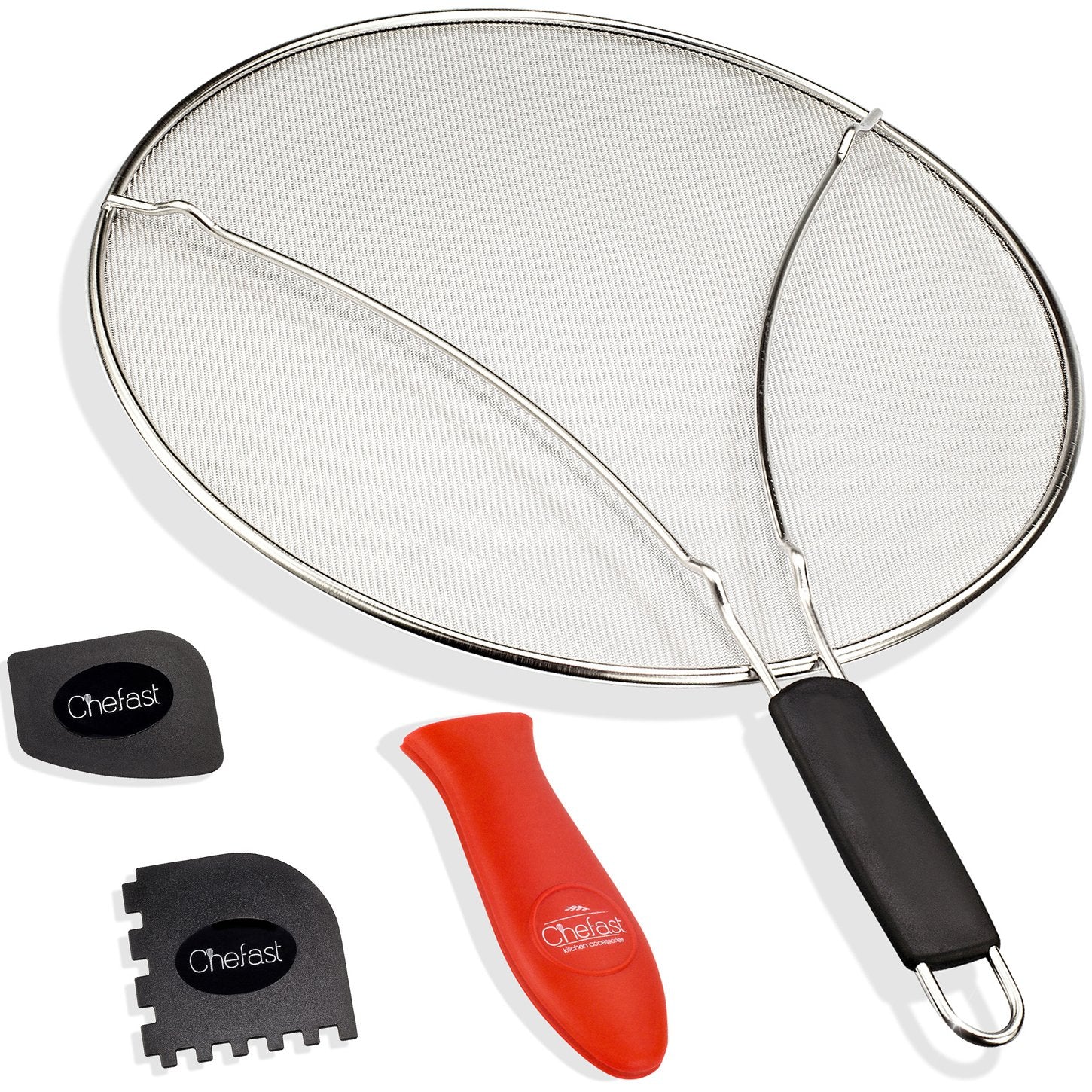 Chefast Splatter Screen Set: 13-Inch Stainless Steel Grease Guard, Grill and Cooking Pan Scrapers, and Silicone Hot Handle Holder - Oil Shield for Frying Pans and Skillets