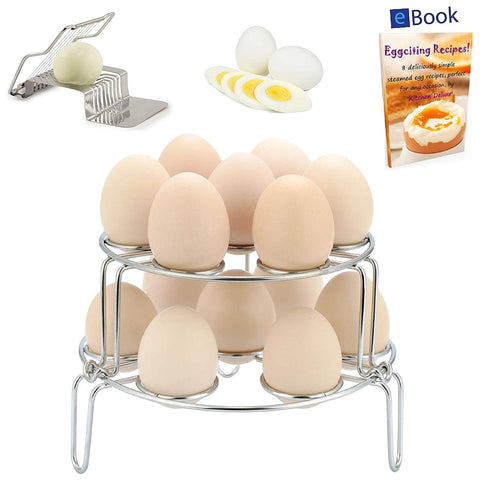 PREMIUM Egg Steamer Rack - 14 Eggs - BEST Bundle - Stackable - Fits Instant Pot Pressure Cooker 6 Qt & 8 Quart - 100% Stainless Steel - BONUS Accessories - Egg Slicer + eBook - Insert for Instapot