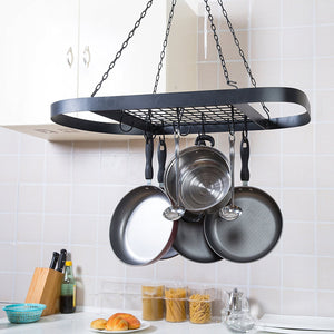 Black Metal Ceiling Mounted Oval Pot Rack, Hanging Cookware Organizer with Wire Grate Shelf