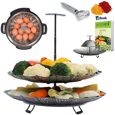 UNIQUE 2-TIER Vegetable Steamer Basket - Extendable Handle - BEST Bundle - Fits Instant Pot Pressure Cooker 6 Qt & 8 Quart - 100% Stainless Steel - BONUS Accessories - Peeler + eBook - For Instapot