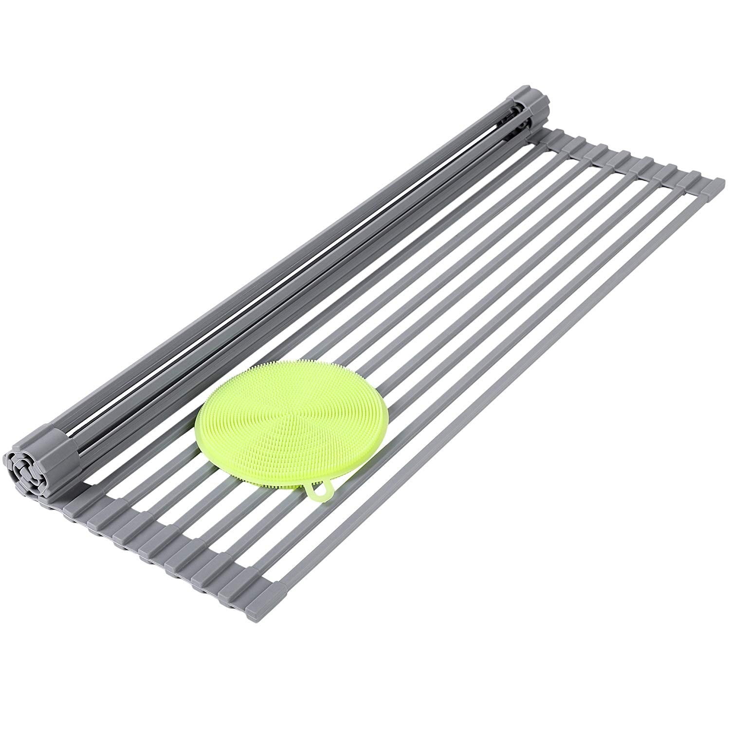 SONGMICS Roll Drainer Bonus Dish Scrubber Multipurpose Square Rods Drying Rack Over The Sink Kitchen Countertop 20 1/2”L x 13 3/8”W Gray UKDR02G