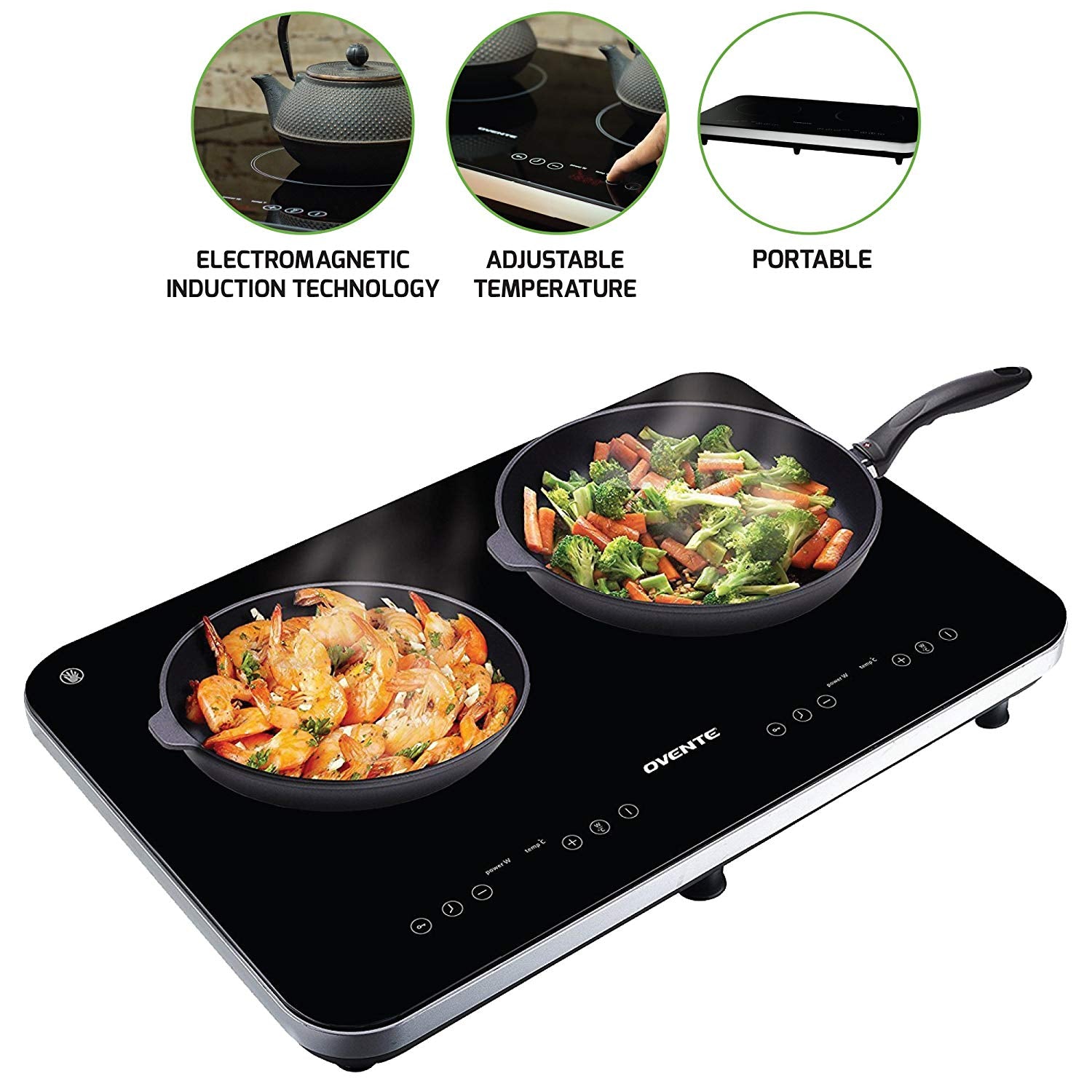 Ovente Induction Countertop Burner, Cool-Touch Ceramic Glass Cooktop with Temperature Control, Timer, 1800-Watts, Digital LED Touchscreen Display, Indoor/Outdoor Portable Double Hot Plate (BG62B)