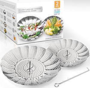 Two-Pack (Large and Standard) Vegetable Steamer Basket Set - 2X Steamer Inserts for Instant Pot + Safety Tool - 100% Stainless Steel - Pressure Cooker & Instant Pot Accessories, Pot in Pot - Egg Rack