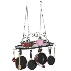 Designer Black Scrollwork Metal Ceiling Mounted Hanging Kitchen Utensils, Pots, Pans Holder Hanger Rack