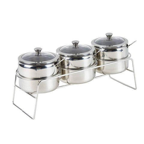 Multi-functional Stainless Steel 3 Piece Condiment Seasoning Containers Pots Set,Cream and Sugar Canister,Dip Bowls Set with Visible Glass Lid,Spoons and Rack/Shelf,Polished Finish