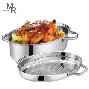 Mr Rudolf 18/10 Stainless Steel 15-inch Oval Roaster with Rack and Lid Dishwasher Safe Oven Safe Oval Roasting Pan PFOA Free 8.5 Quart + 4.2 Quart