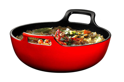 Enameled Cast Iron Balti Dish With Wide Loop Handles, 3 Quart, Fire Red