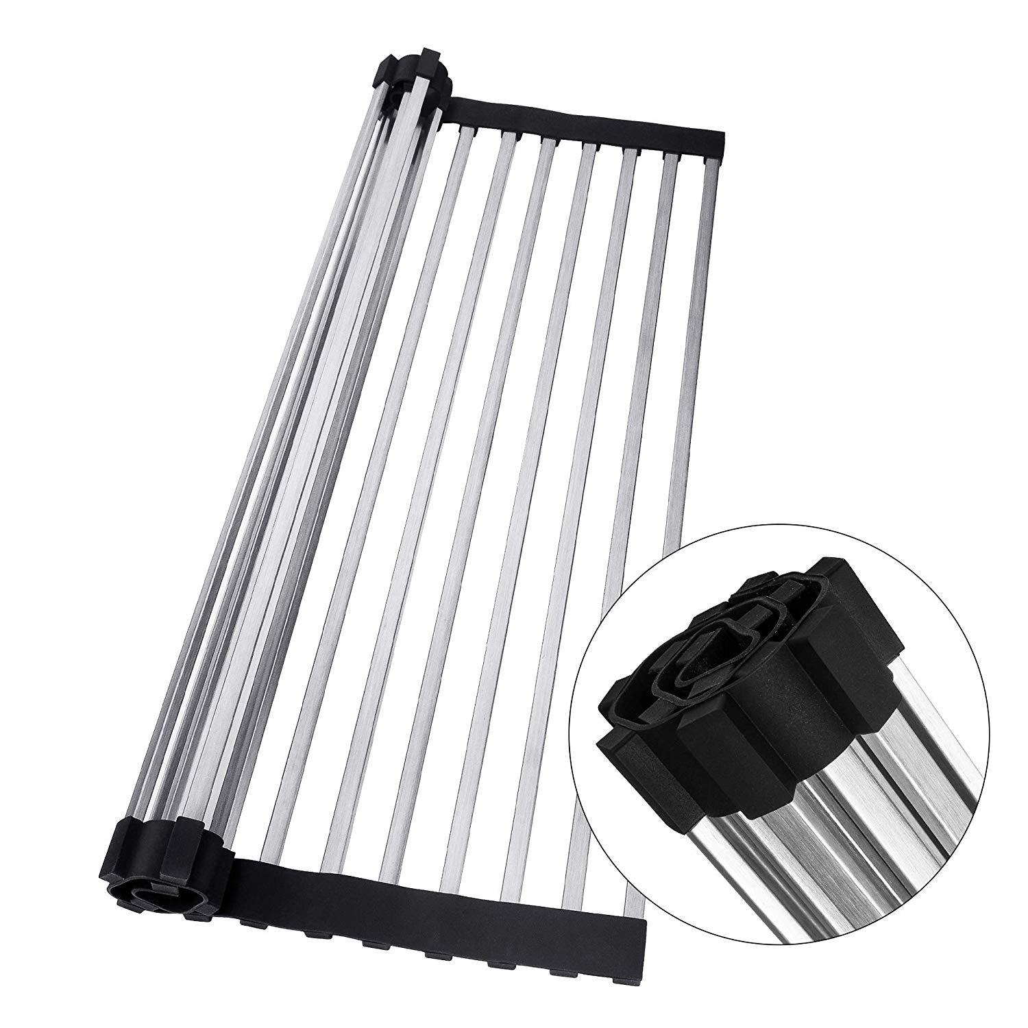 JOMOLA Roll-up Over Sink Dish Drying Rack Heat Resistant Kitchen Foldable Dish Drainer Stainless Steel Square Tube Roll up in-sink Mat With Black Non-slip Silicone Grips