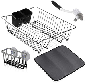 Complete Kitchen Drain Organizer Set With 2 Sided Dish Cleaning Scrub Brush + Dish Rack With Cutlery Holder + 2 Suction Cloth/Sponge Holder + Dish Drying Mat