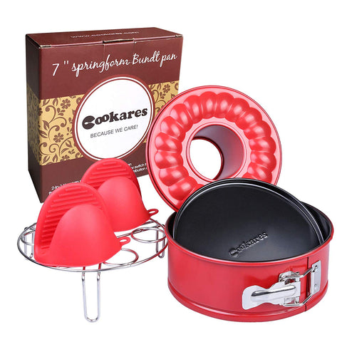 Nonstick 2-in-1 springform 7-inch cheesecake quick-release pan set: two interchangeable bottoms egg rack for Instant Pot accessories & 2 mini Silicone Mitts - fits 5 6 8 Qt by CooKares