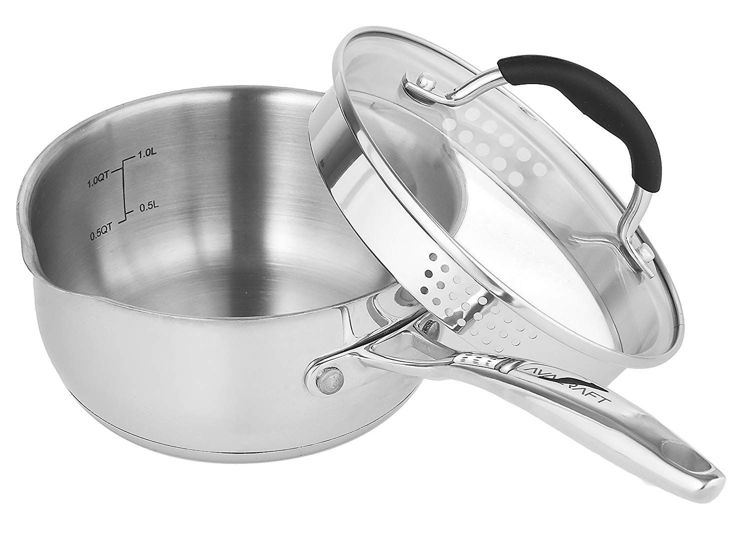 AVACRAFT Stainless Steel Saucepan with Glass Lid, Strainer Lid, Two Side Spouts for Easy Pour with Ergonomic Handle, Multipurpose Sauce Pan with Lid, Sauce Pot (Tri-Ply Capsule Bottom, 1.5 Quart)