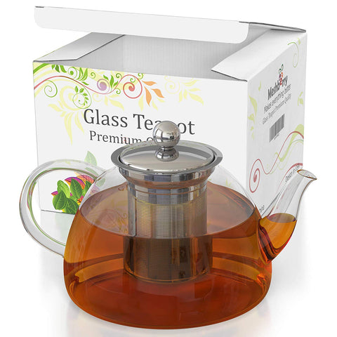 Glass Teapot & Kettle - Tea Pot Strainer and Infuser for Loose Leaf & Blooming & Flowering & Iced & Herbal Tea - Stovetop Safe Tea Maker - Gift Box - 50 oz / 1500 ml - holds 5 Cups