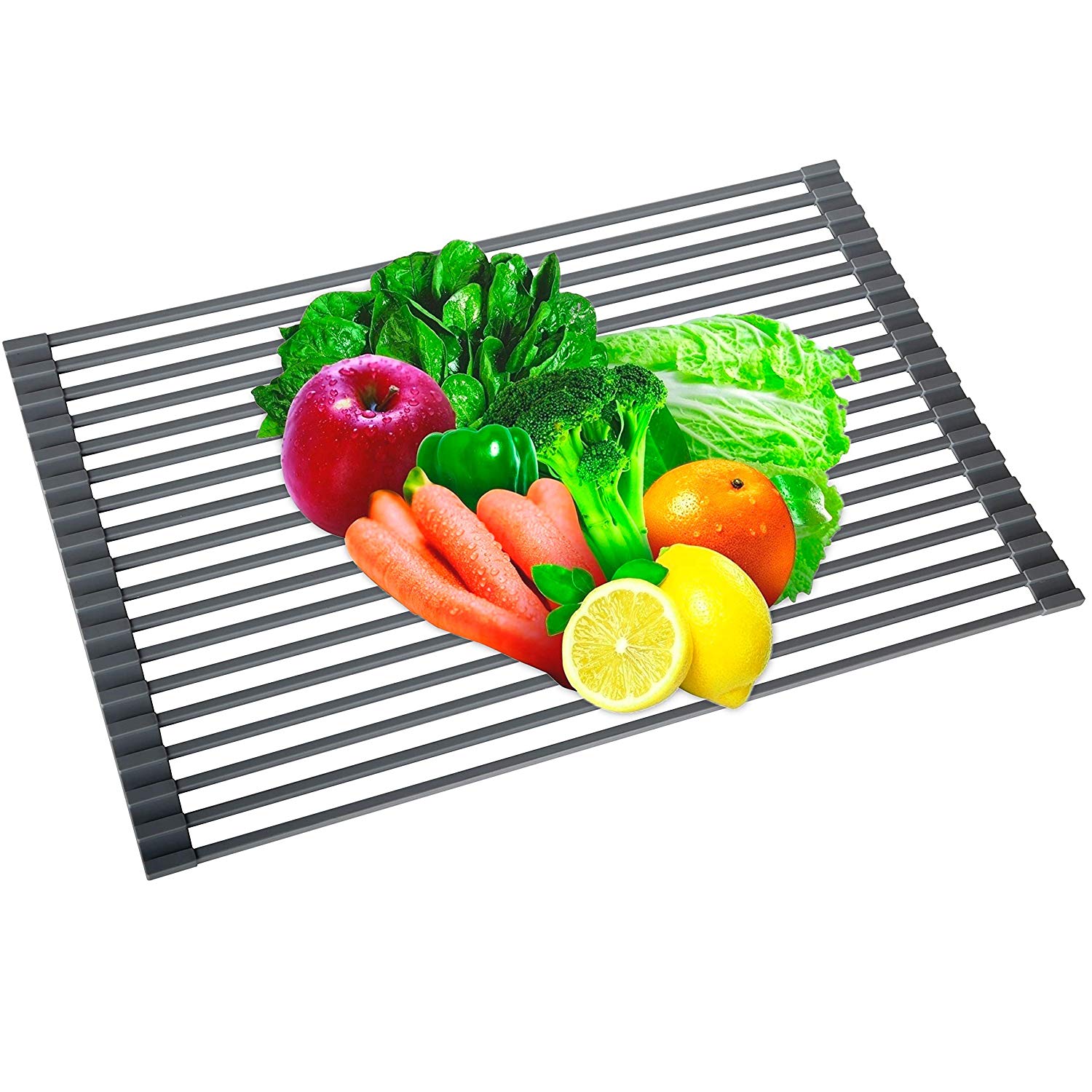 Over-the-Sink Dish Drying Rack,20.5''13'' WEBI Roll-up Flat Wire Dish Drainer, Kitchen Utensil Draining Rack Strainer, for Fruit Meat Cup Bowl Plate Pot Pan, (Silicone & Stainless Steel, Grey)