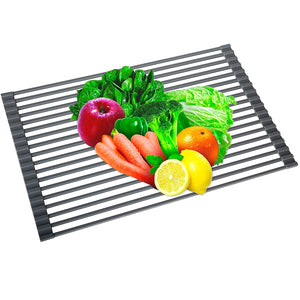 Over-the-Sink Dish Drying Rack,20.5''13'' WEBI Roll-up Flat Wire Dish Drainer, Kitchen Utensil Draining Rack Strainer, for Fruit Meat Cup Bowl Plate Pot Pan, (Silicone & Stainless Steel, Grey)