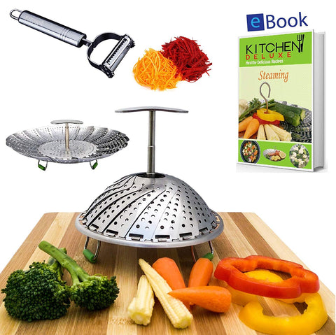 PREMIUM Vegetable Steamer Basket - Extendable Handle - BEST Bundle - Fits Instant Pot Pressure Cooker 5, 6 Qt & 8 Quart - 100% Stainless Steel - BONUS Accessories - eBook + Peeler -Insert for Instapot