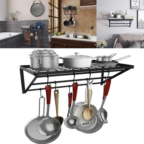 Kaluo 3 Tier Hanging Wall Mount Pot Rack Kitchen Storage Shelf with 10 hooks for Kitchen Cookware, Utensils, Pans, Household Items