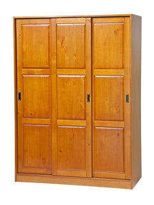 100% Solid Wood 3-Sliding Door Wardrobe/Armoire/Closet/Mudroom Storage by Palace Imports 5674 Honey Pine, 52"w x 72"h x 22.5"d. 1 Large/4 Small Shelves, 1 Rod Included. Extra Shelves Sold Separately.