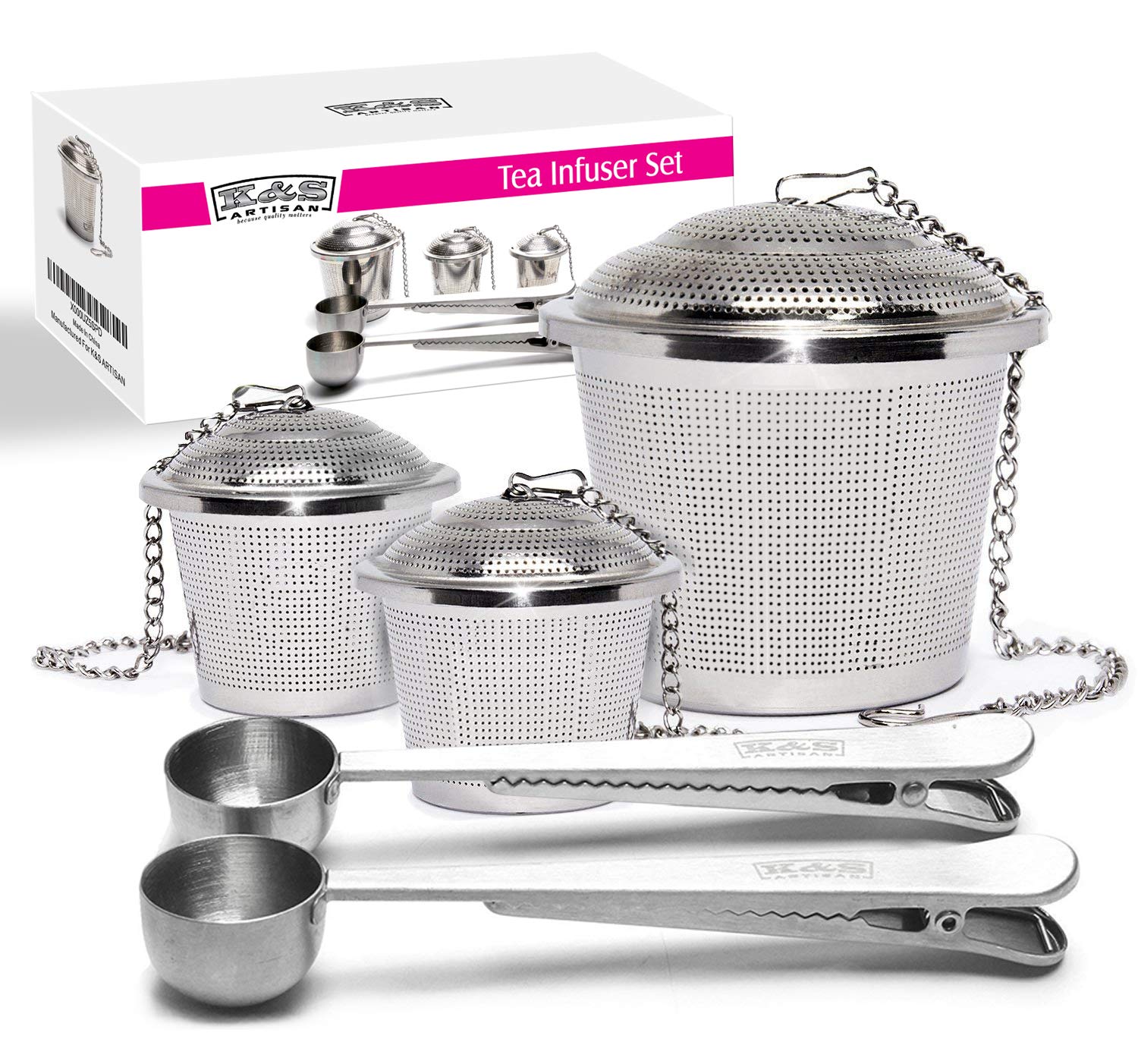 Tea Infuser Set Ultra Fine 304 Stainless Steel Strainers & Steepers Superior Quality 2 Single Cup Infusers + 1 Large Infuser, and 2 Bonus Quality Scoops with Bag Clip - Tea Steeper for Loose Tea