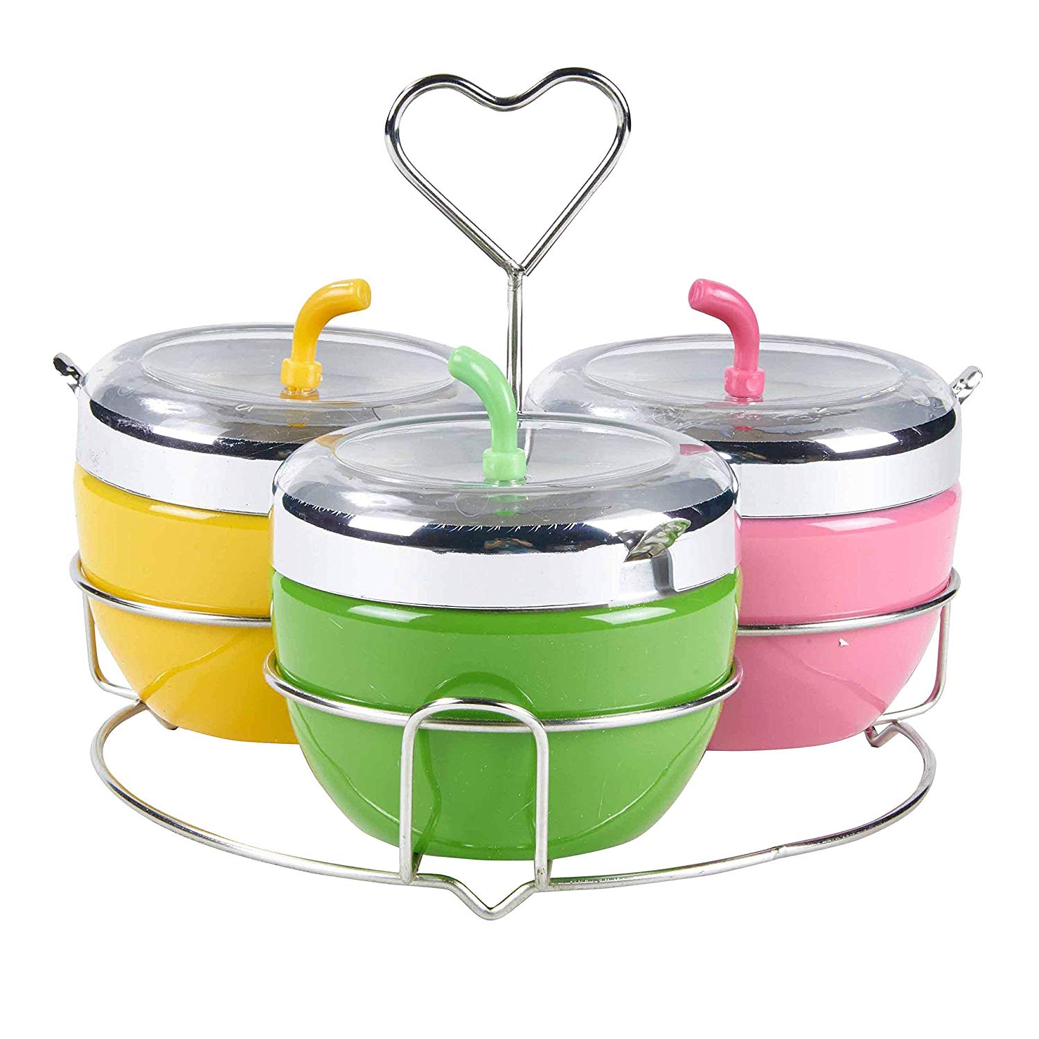 Multi-functional Colorful Stainless Steel Condiment Seasoning Containers Pots Set with Spoons and Rack/Shelf,Silver Tone(Apple Pattern Design),Green,Yellow&Pink