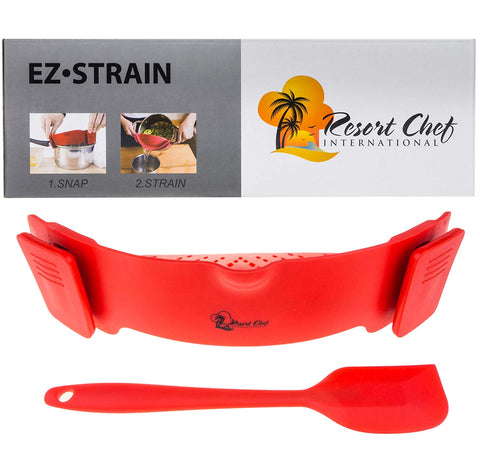 Resort Chef Kitchen Clip-on Pot Strainer. Best for Straining Pasta, Meat Grease, Eggs, Rice, Fruits & Vegetables - BPA Free FDA Approved - Includes Bonus Matching Silicone Spatula - Makes a Great Gift