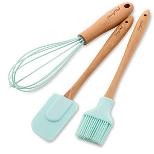 Spring Chef Spatula, Pastry Brush & Whisk, Silicone Set with Beechwood Handle, Mint