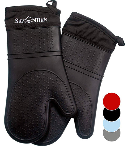 Black Silicone Oven Mitts - 1 Pair of Extra Long Professional Heat Resistant Pot Holder & Baking Gloves - Food Safe, BPA Free FDA Approved With Soft Inner Lining