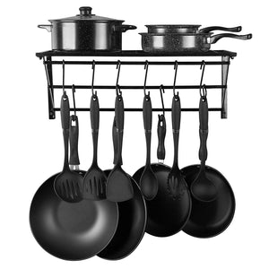 Wall Mounted Pot Pan Rack,Kitchen Pan Lid Shelf,Cookware Holders Storage with 10 Hooks,Black 23.6'' (014AA)