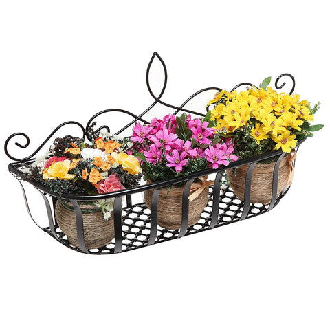 Wall Mounted Scrollwork Design Black Metal Home Storage Organizer Basket / Flower Pot Planter Rack