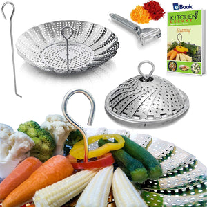 Kitchen Deluxe Vegetable Steamer Basket - 5.5-9.3" - Best Bundle - 100% Premium Stainless Steel - Bonus 2 in 1 Julienne Veggie Peeler, Hook Insert & Food Cooking eBook - For Pressure Cooker, Pot, Pan & Wok - Folding and Collapsible Instant Steam Rack